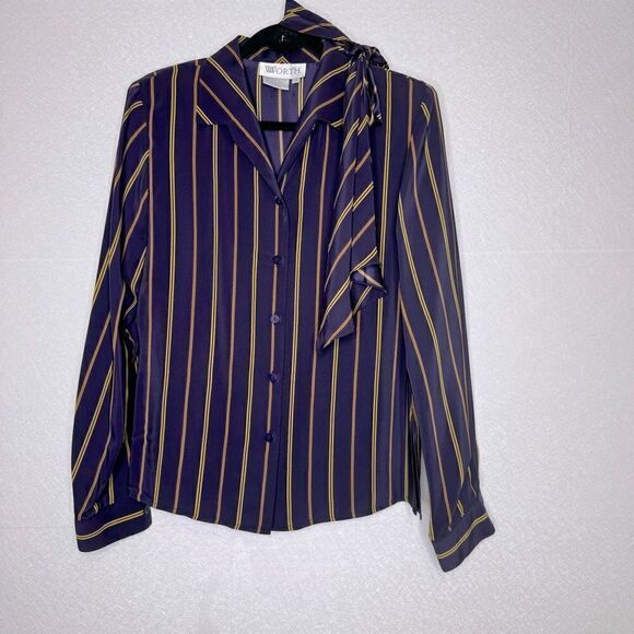 Worth Striped Silk Button Front Blouse with Sash 10 - Picture 1 of 4